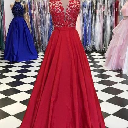 Red V Neck Lace Applique Long Prom Dress, Red..