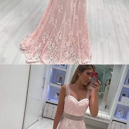 A-line Scoop Sweep Train Pink Lace Prom Dress With..