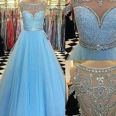 Blue Round Neck Tulle Long Prom Dresses, Blue..