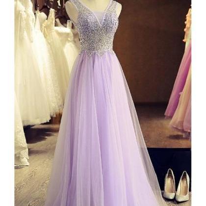 A-line Beaded Lilac Tulle Prom Dresses Party..