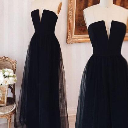 Elegant Simple Tulle Black Long Prom Dress, Black..