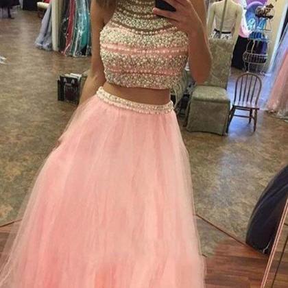 Pink Two Pieces Tulle Long Prom Dresses, Pink..