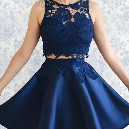 Short Party Dress Navy Blue Two Piece Junior Prom..