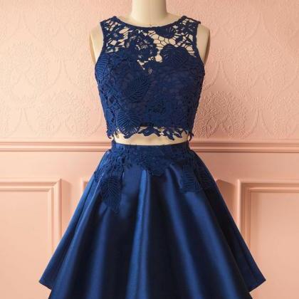 Short Party Dress Navy Blue Two Piece Junior Prom..