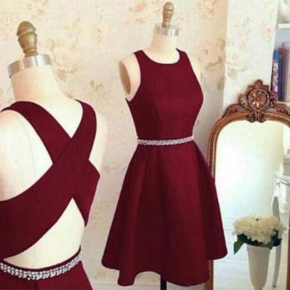 Homecoming Dress Round Neck Burgundy Short Party..
