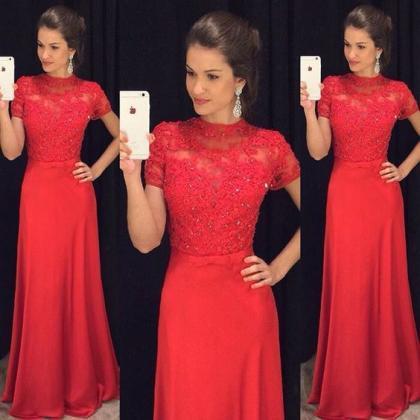 Gergeous Red Appliques Prom Dress, Short Sleeve..