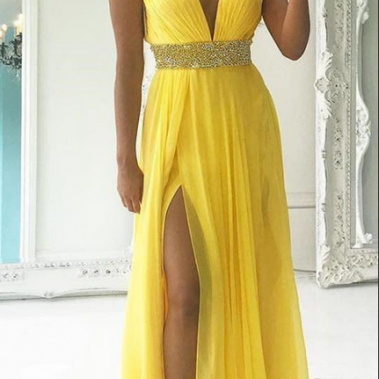Sexy Slit Yellow Prom Dress,deep V-neckline..