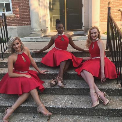 Red Satin Crystal Halter Sashes Homecoming Dresses..