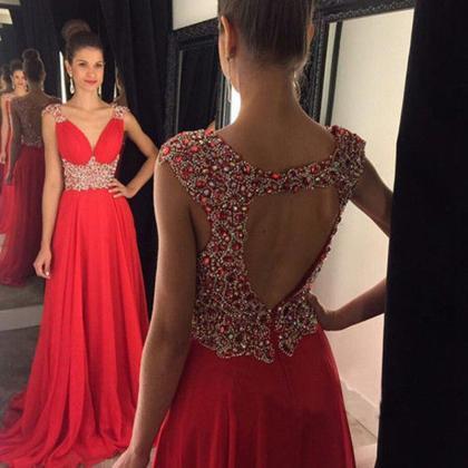 Red Sparkly Crystals Chiffon Open Back Prom..