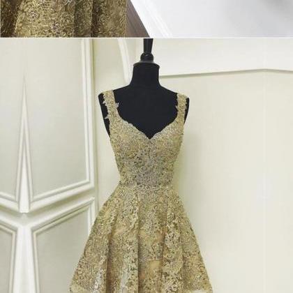 Cute Gold Lace V Neck Short Prom Dress, Homecoming..
