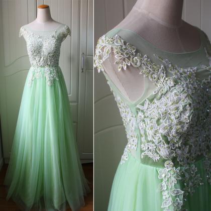 Green Tulle And Applique Long Prom Dress, Charming..