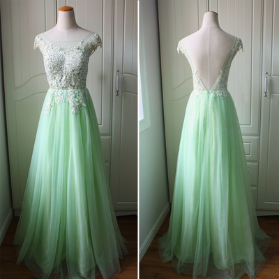 Green Tulle And Applique Long Prom Dress, Charming..