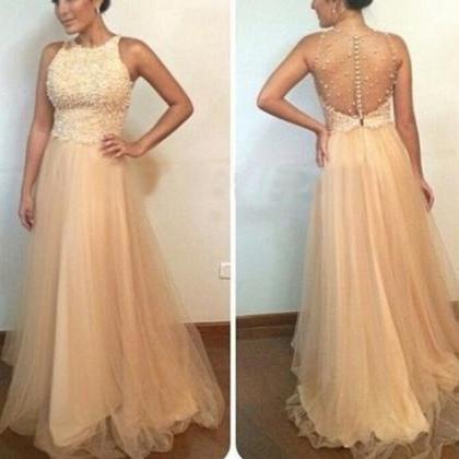 Champagne Beaded Long Party Dress, Cute A-line..