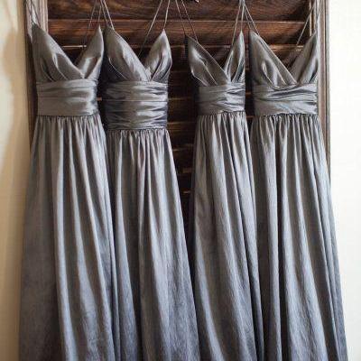 2018 Plus Size Gray Satin Long Bridesmaid Dresses..