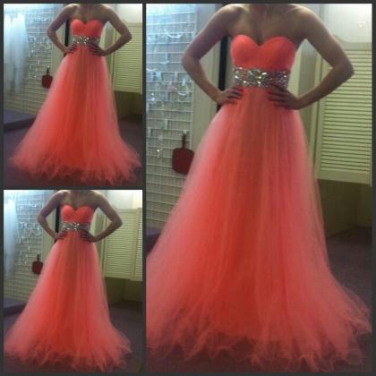 Orange Prom Dress Shiny Crystal Waist Prom Dress..