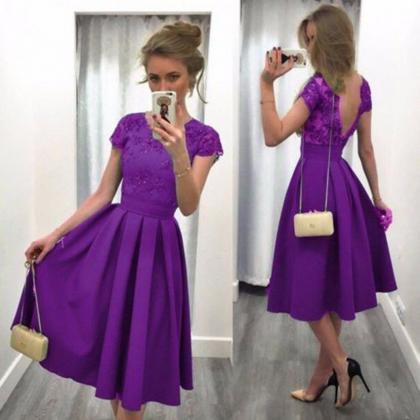 Short Purple Satin Prom Evening Dresses Lace..