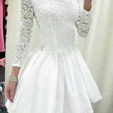 Short Homecoming Dress, White Lace Prom Dress,..