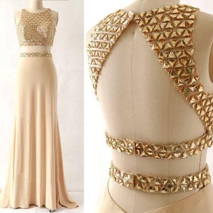 Champagne Prom Dress, Open Back Beaded Two Pieces..
