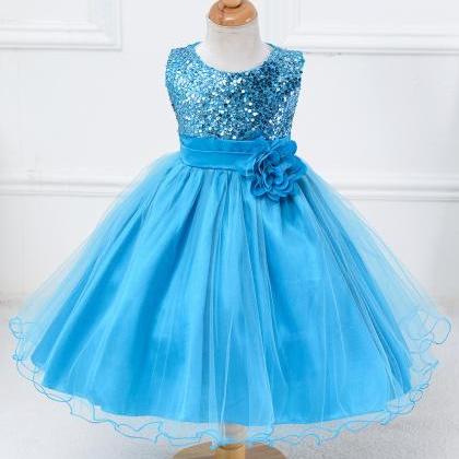 Blue Sequined Corset Short Flower Girls Dresses ,..