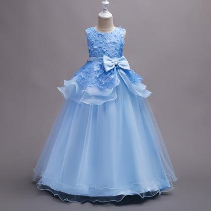 White Lace Flower Girls Dresses Sky Blue Party..
