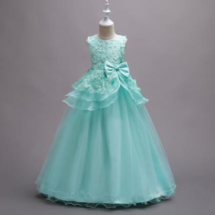 White Lace Flower Girls Dresses Green Party Girls..