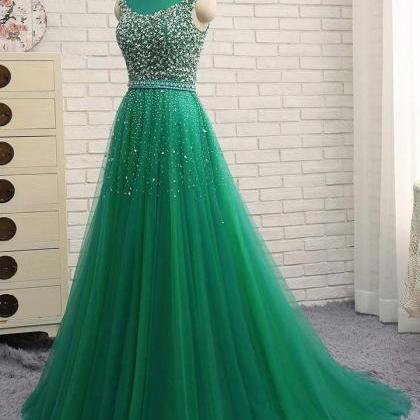 Green Beaded Long Prom Dresses, Sexy Plus Size..
