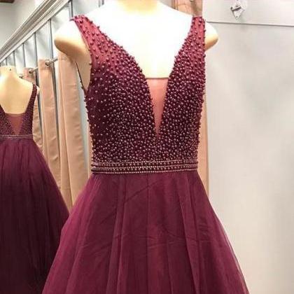 Sexy Pearls Long Prom Dresses,burgundy Tulle Prom..