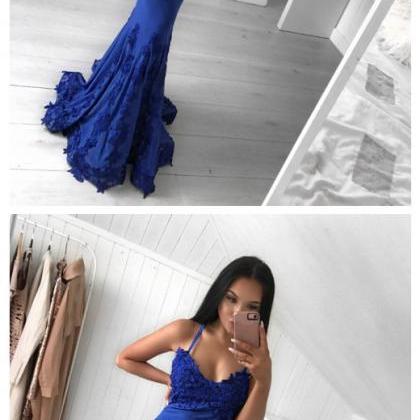 Spaghetti Strap Royal Blue Prom Dresses, Lace Prom..