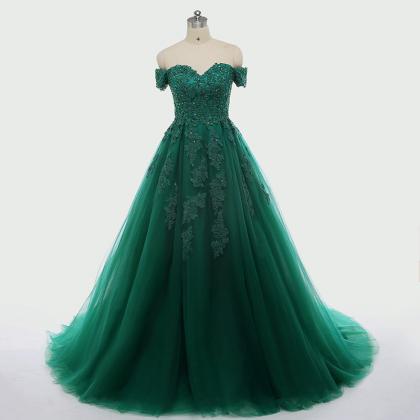 Dark Green Lace Appliques Quinceanera Dresses..