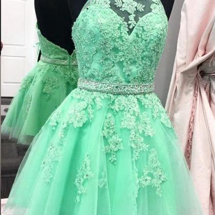 Green Halter Homecoming Dress,tulle Homecoming..