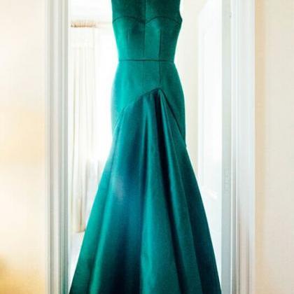 Green Satin Mermaid Prom Dresses, O-neck Long..