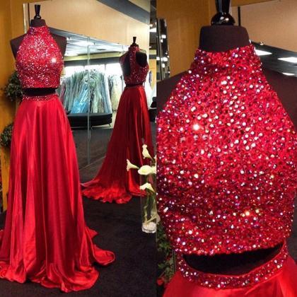 Red Two-piece Crystal Embellished High Neck Floor..