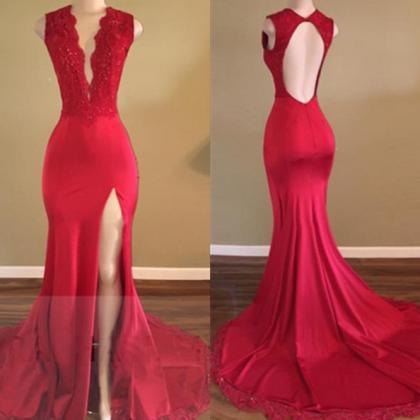 Red Prom Dresses Mermaid Backless Satin Prom Gowns..