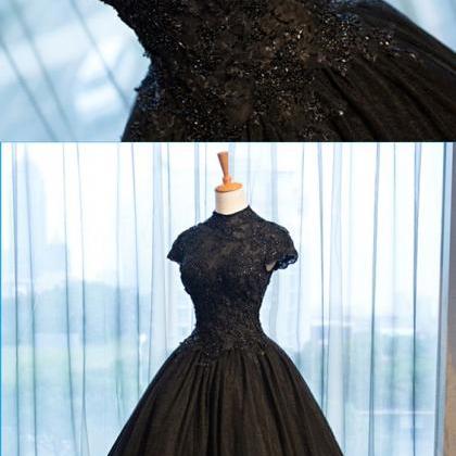 High Neck Caped Sleeve Black Tulle Prom Dresses..