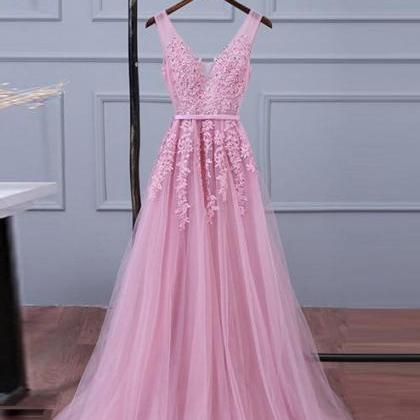 Pink Lace Prom Dresses,v Neck Evening Dress,women..