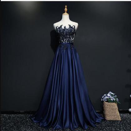 Navy Blue Lace Beaded Long Prom Dresses, Sheer..