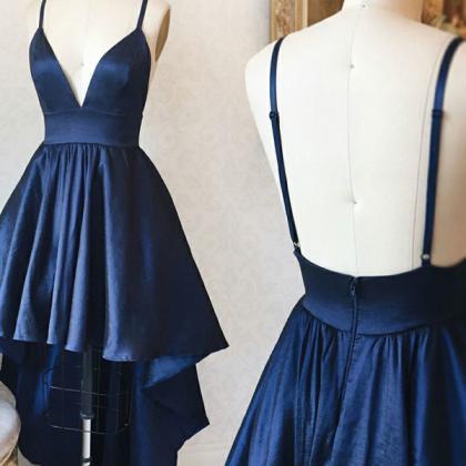 Sexy Back Open Navy Blue High Low Prom Dresses..