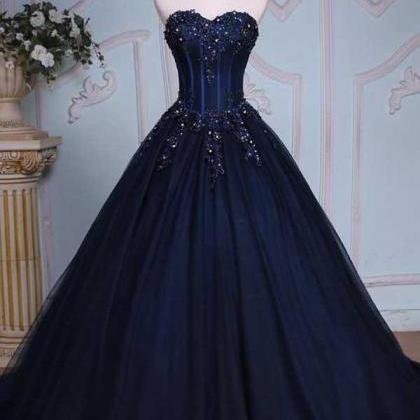 Navy Blue Lace Beaded Pricess Prom Dresses,ball..