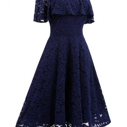 Navy Blue Short Soft Lace Prom Dress Off Shoulder..