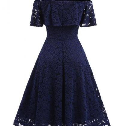 Navy Blue Short Soft Lace Prom Dress Off Shoulder..