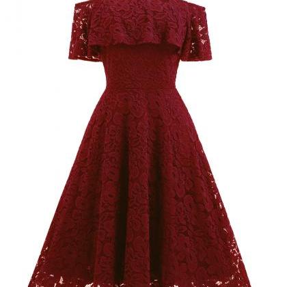 Burgundy Lace Off-the-shoulder Knee Length Ruffled..