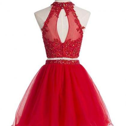 Homecoming Dress Red Lace Two Pieces Cocktail..