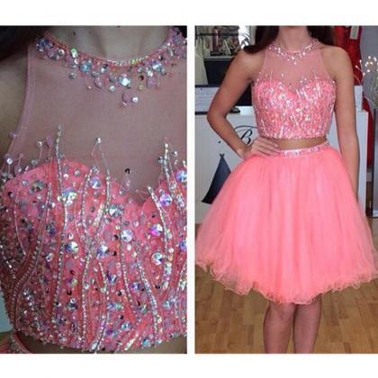 Luxury Pink Beaded Crystal Short Prom Dress Two..