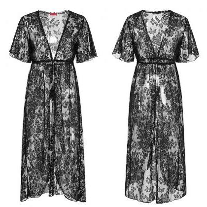 Black V-neck Lace Prom Dress Sunscreen Maxi Dess,..