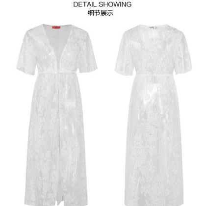 White V-neck Lace Prom Dress Sunscreen Maxi Dess,..