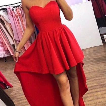 High Low Red Satin Homecoming Dress Off Shoulder..