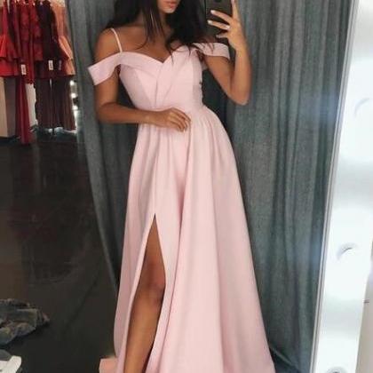Pink Satin Long Prom Dress With Spaghetti Strap..