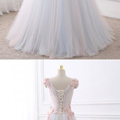 Sexy V-neck Tulle A Line Long Prom Dresses Hand..