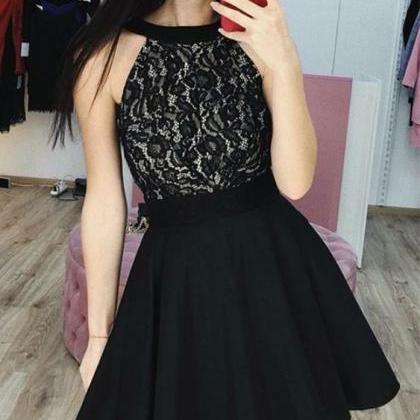 Halter Black Short Mini Homecoming Dress Lace..