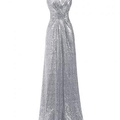 Shiny Gray Sequin Long Prom Dress, A Line..